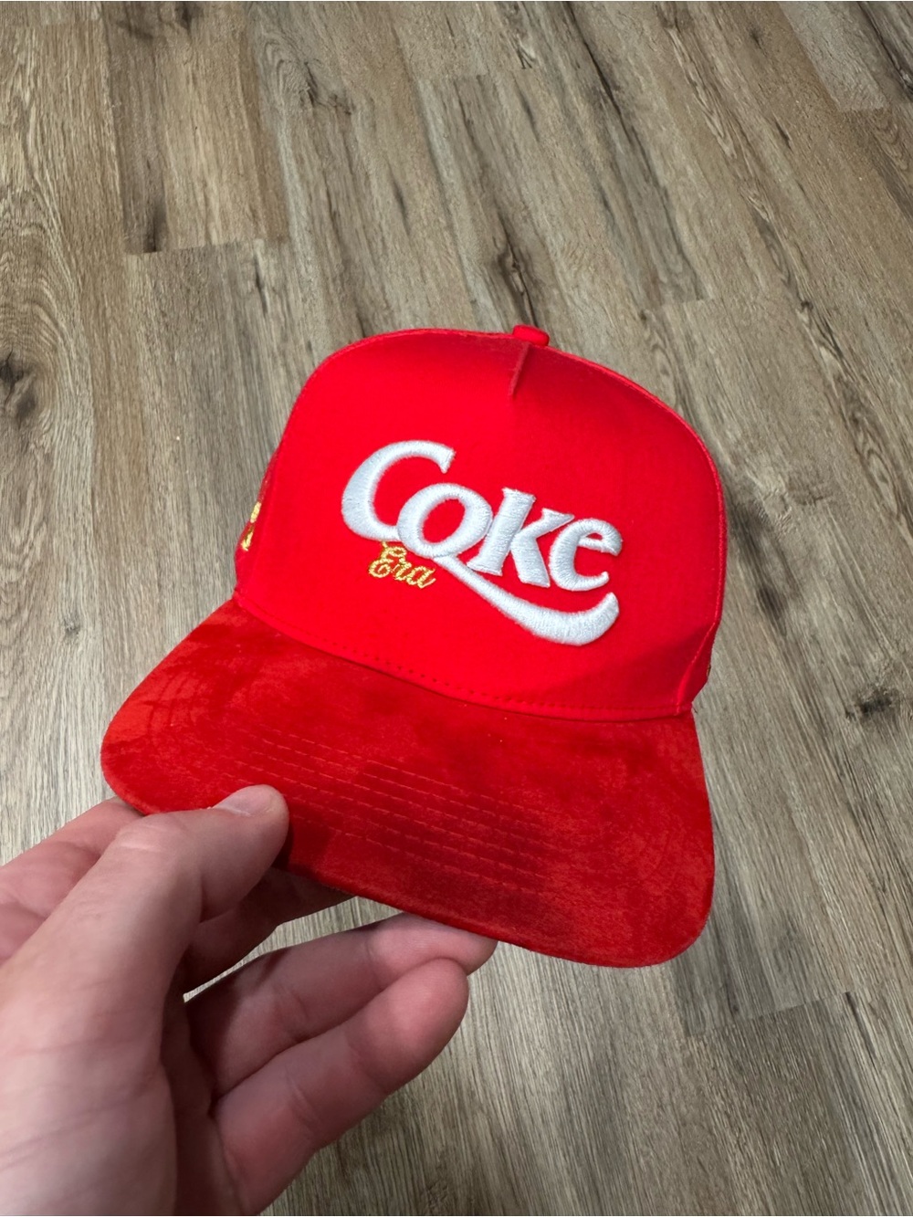 Red Coke Era Snapback Hat with White Embroidery